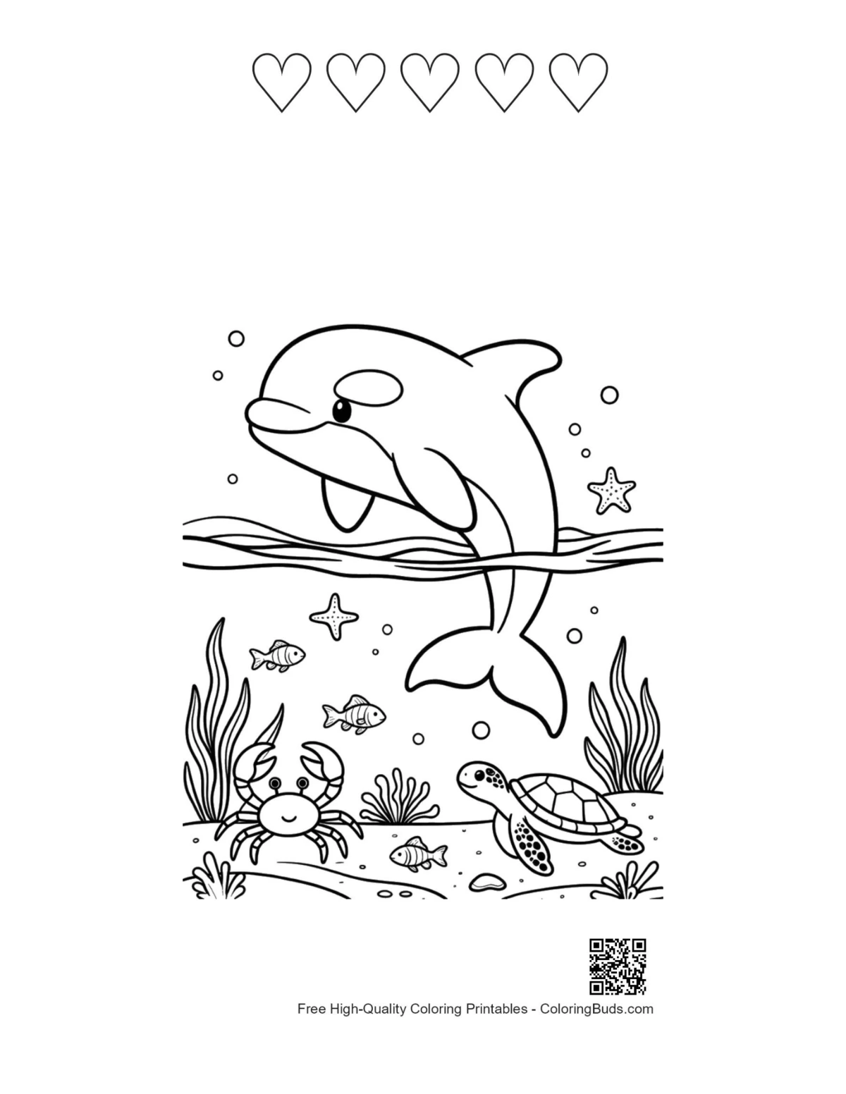 Cheerful orca 5 heart outline deep water printable