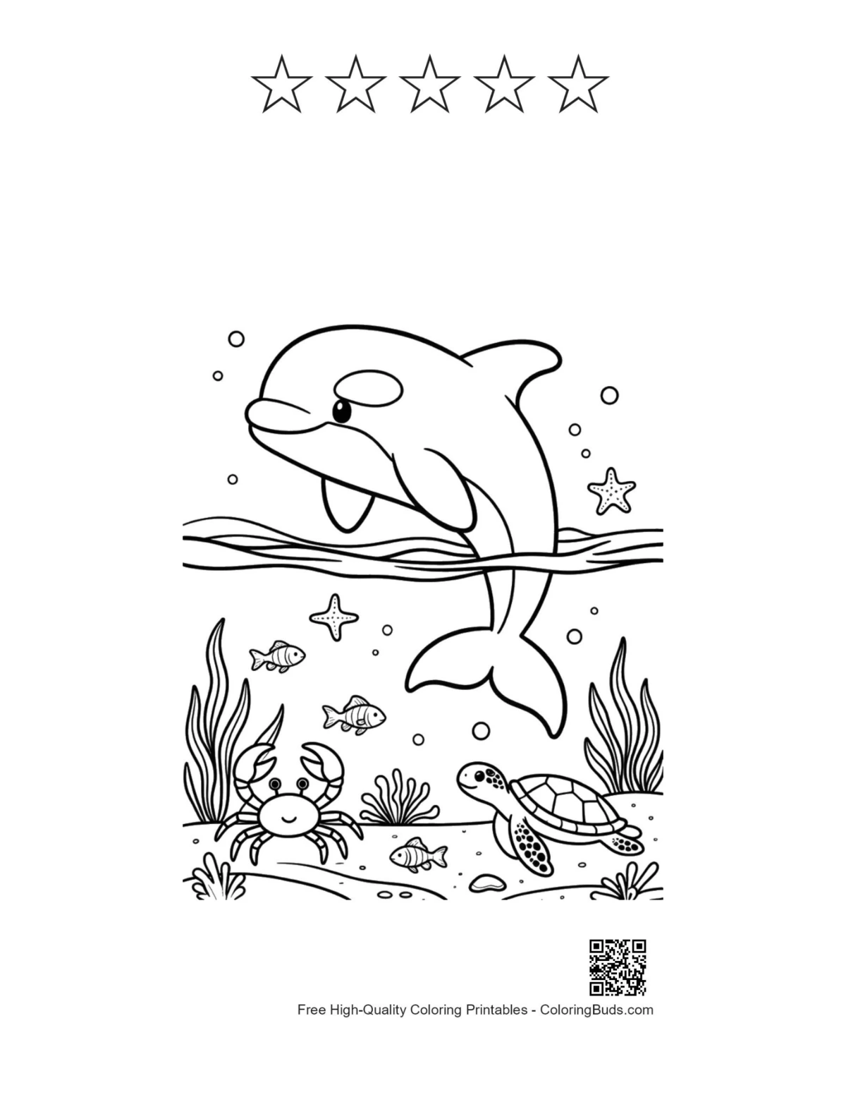 Orca printable with 5 star outline leaping water
