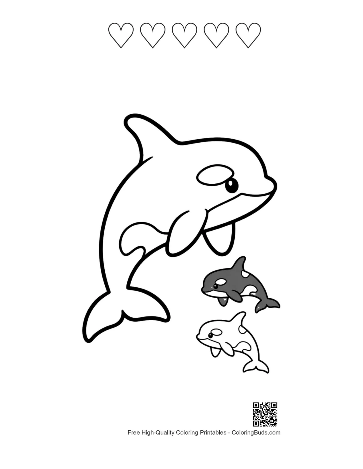Orca printable featuring 5 heart outlines