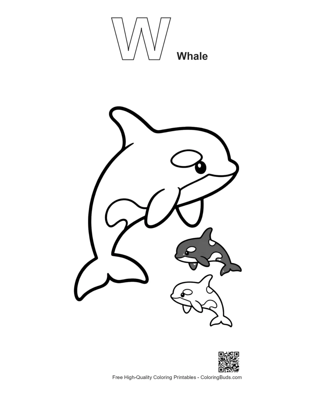 Orca family printable outline with alphabet and whale