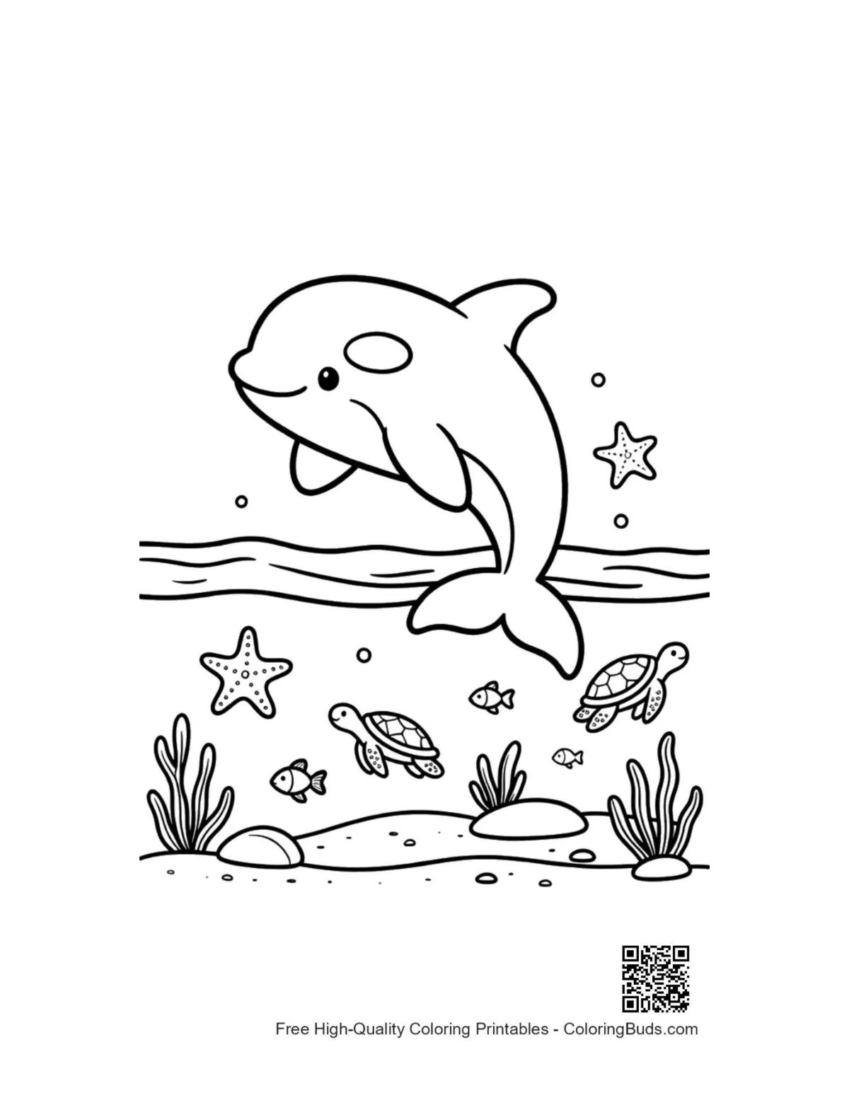 Graceful orca whale swimming ocean printable coloring page