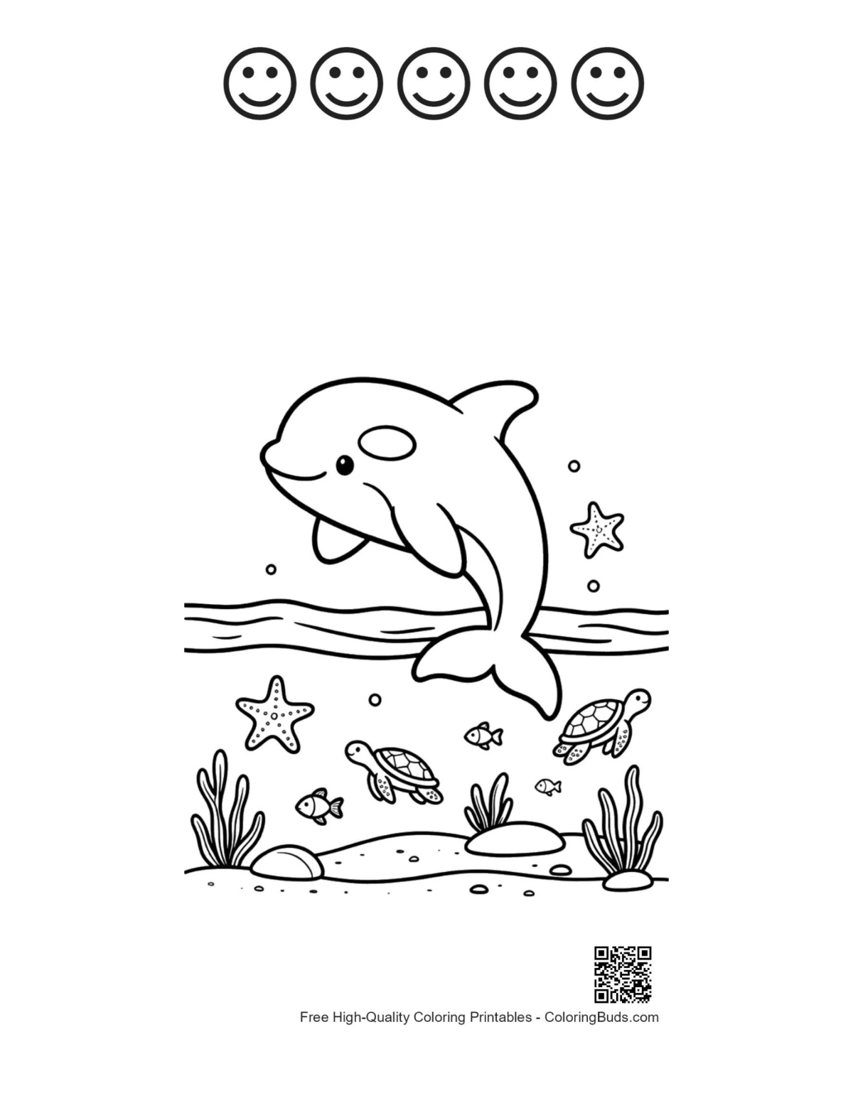 Orca swimming printable 5 happy faces outlines