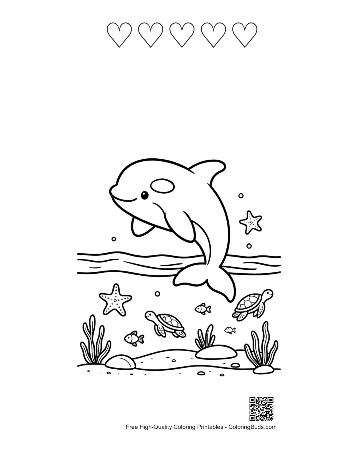 Graceful orca ocean printable with 5 heart outlines