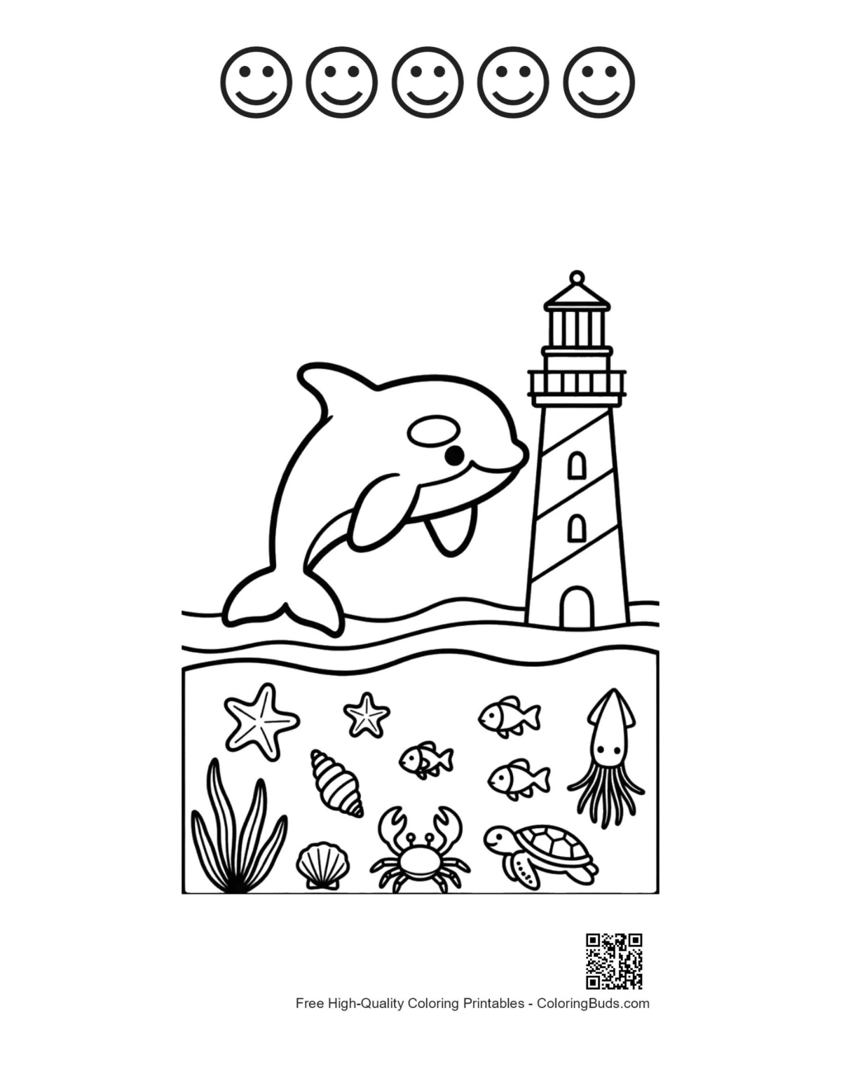 Orca lighthouse printable 5 happy faces outlines