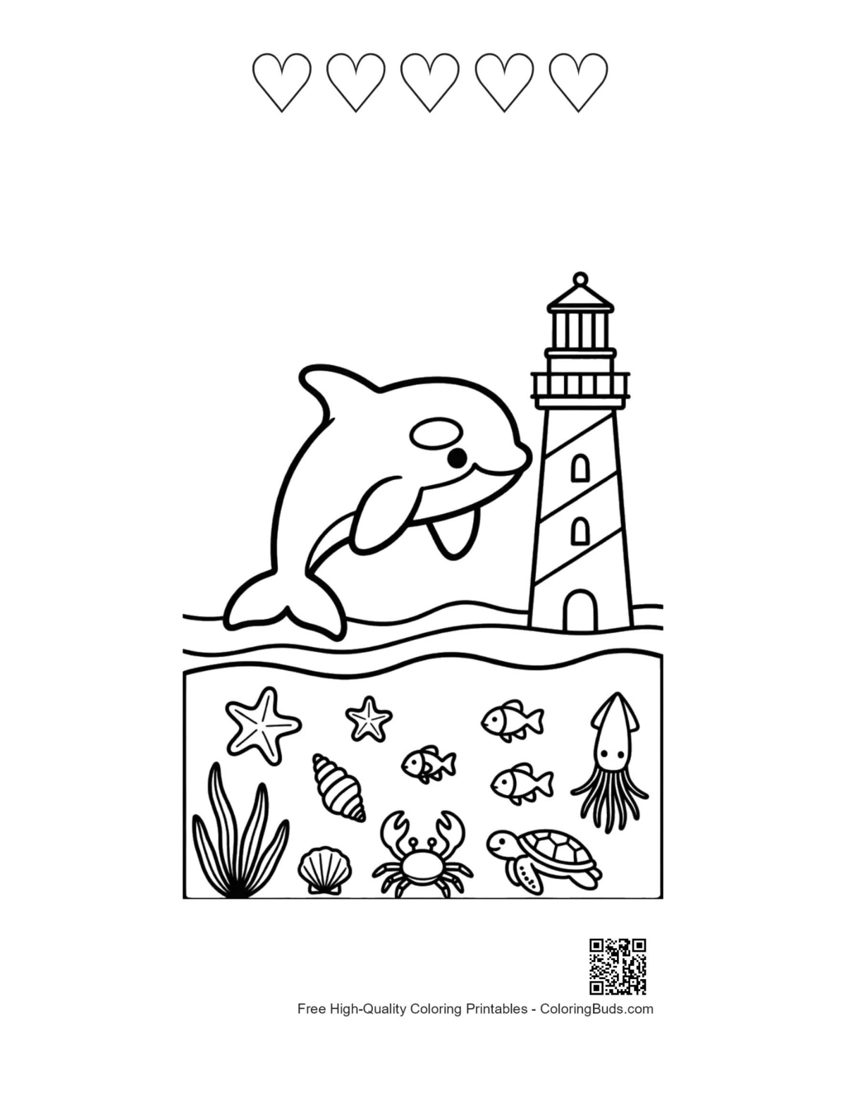 Orca printable lighthouse with 5 heart outlines
