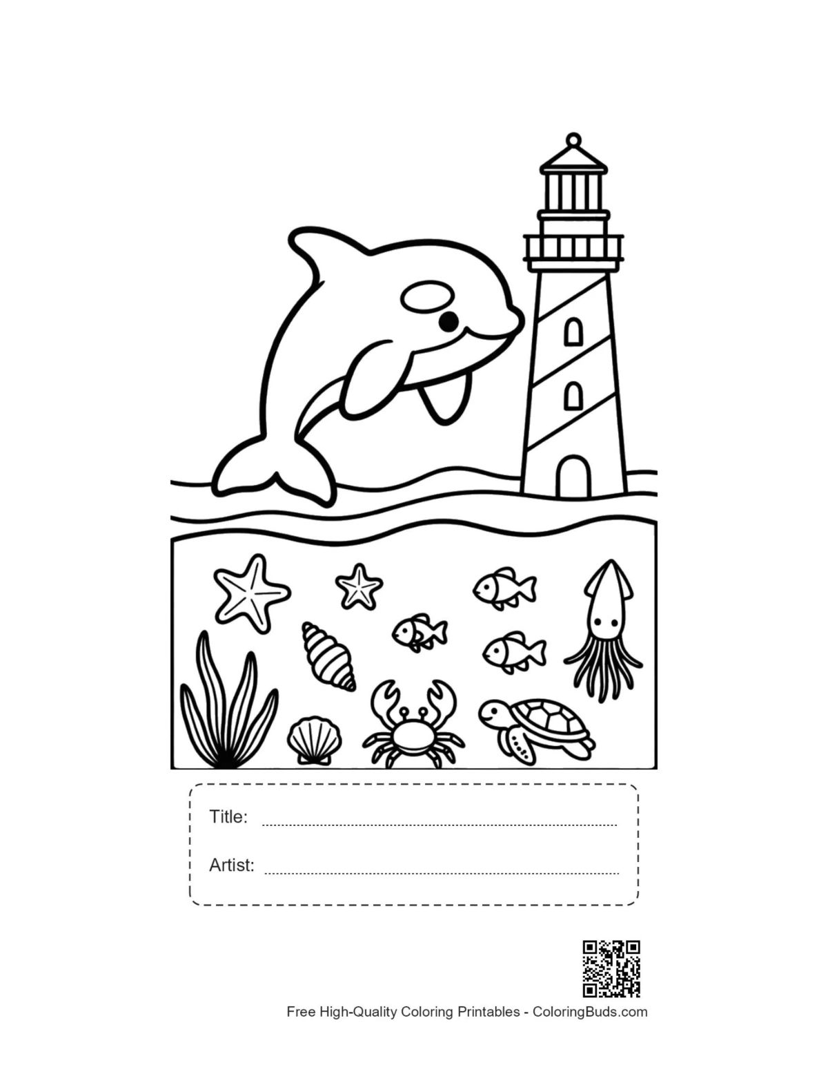 Orca lighthouse printable with title artist box