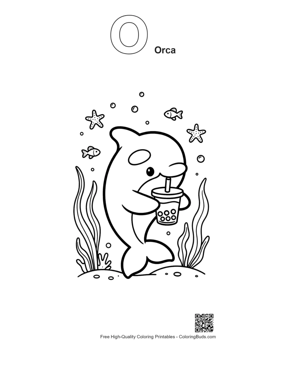 Orca boba outline with alphabet O coloring page