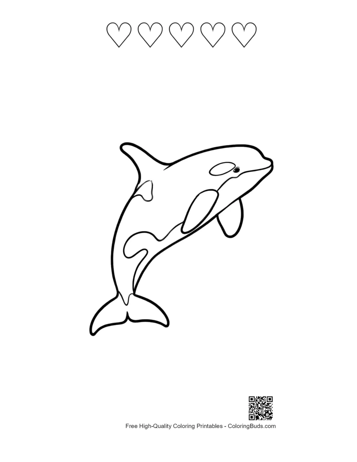 Leaping orca line art with 5 heart outlines