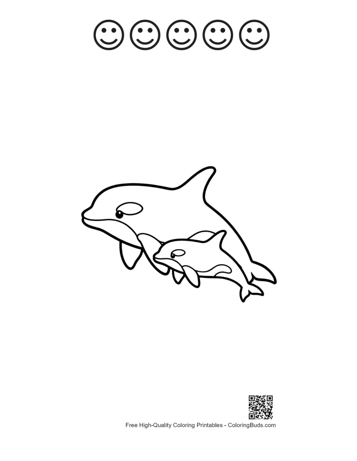 Mother orca baby printable 5 happy faces outline