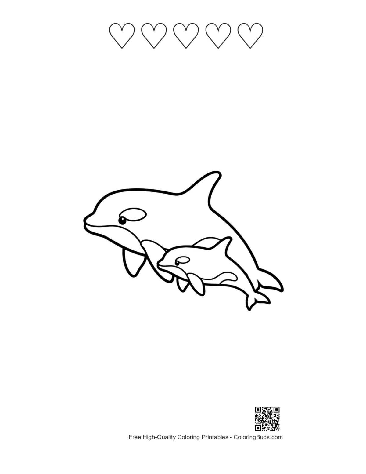 Mother orca baby printable with 5 heart outlines