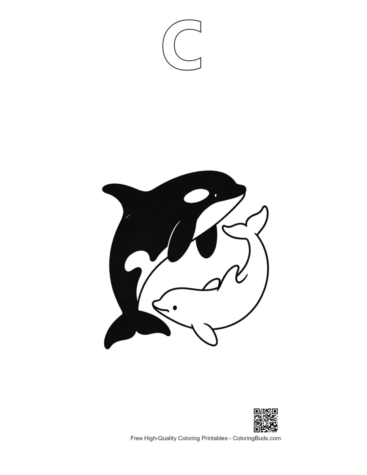Orca Dolphin Yin-Yang alphabet C outline printable