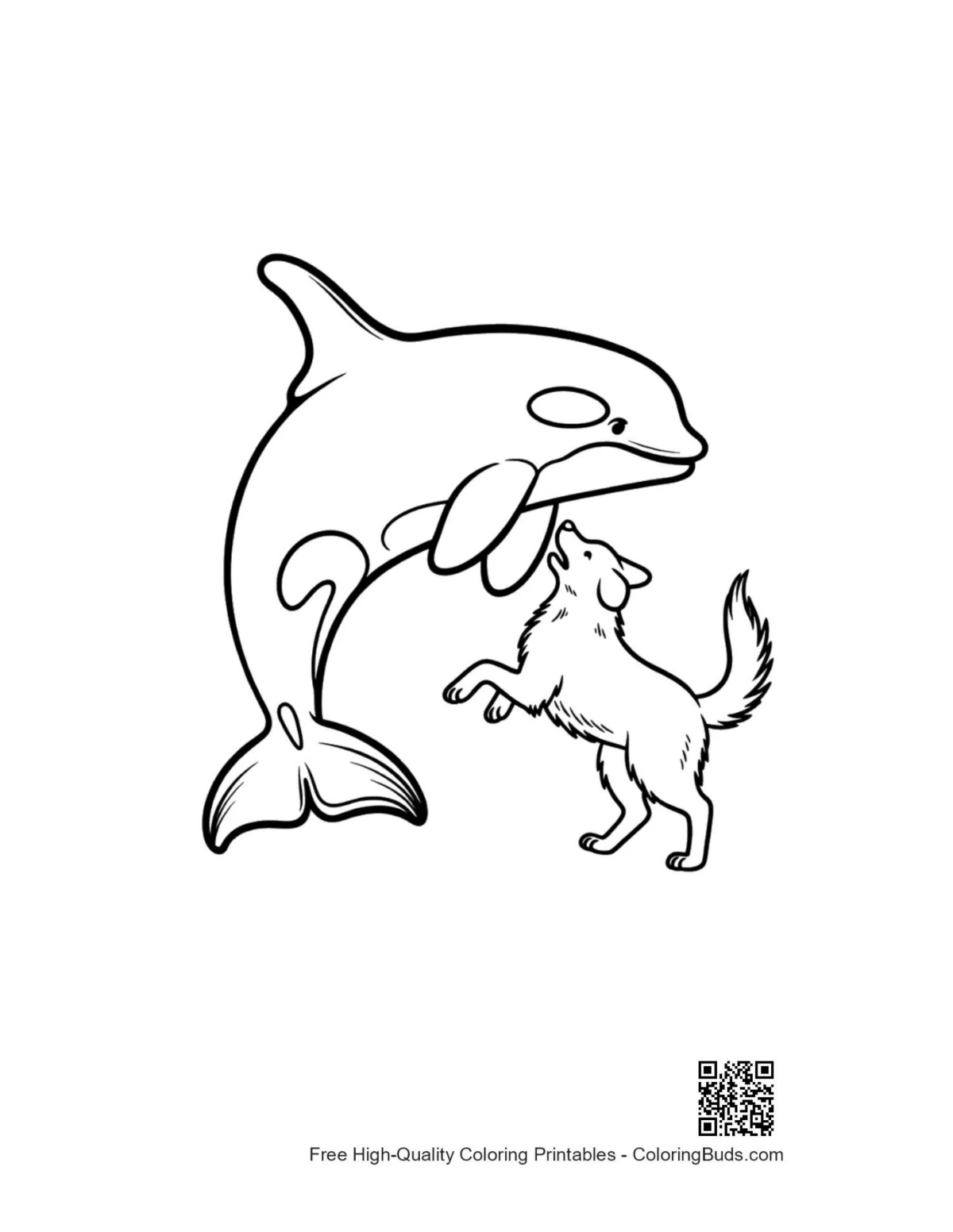 Orca hugging playful puppy coloring page