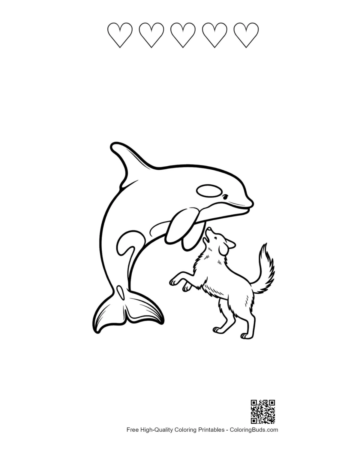 Orca puppy embrace with 5 heart outlines printable