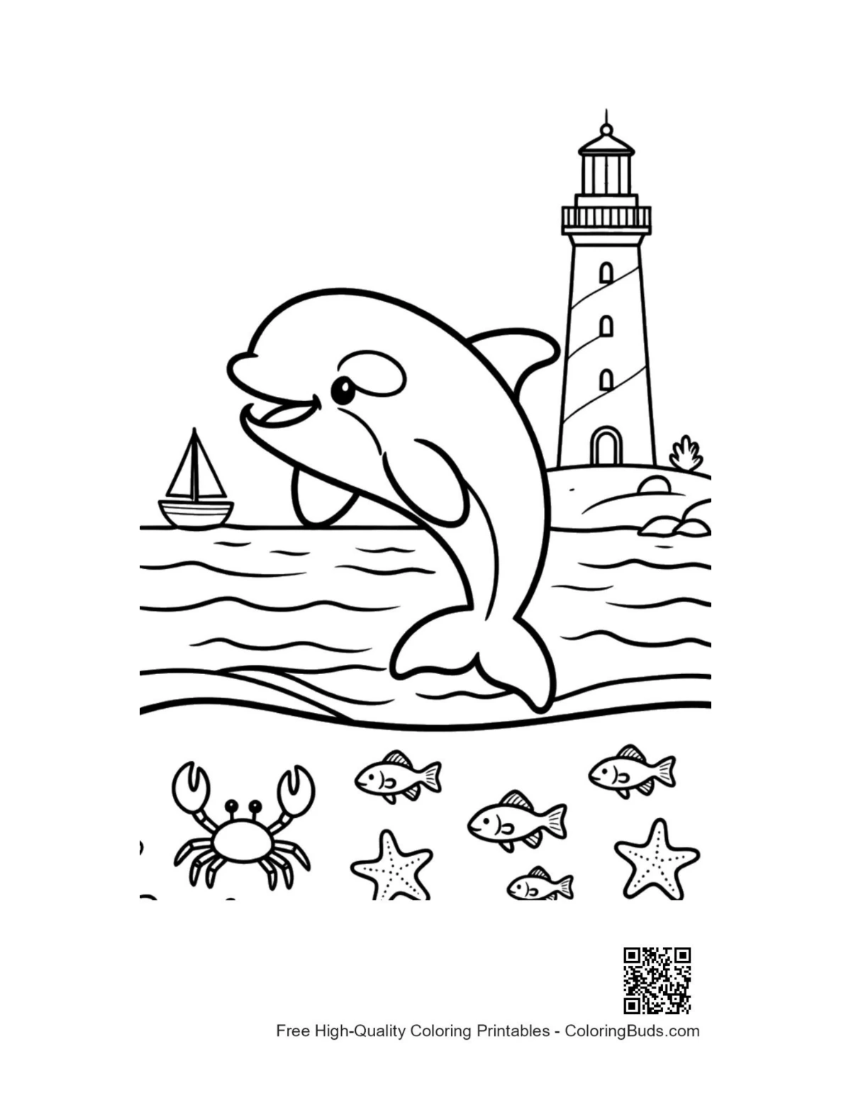 Orca leaping waves lighthouse printable coloring page