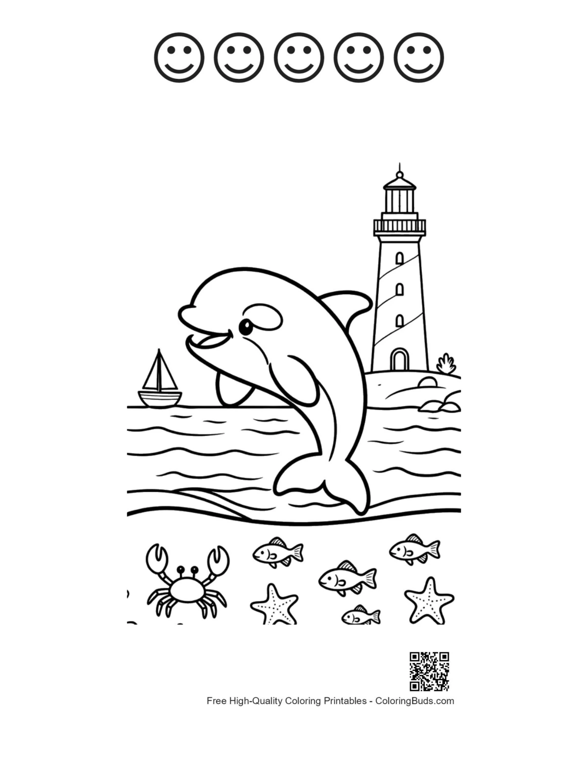 Orca leaping printable with 5 happy faces