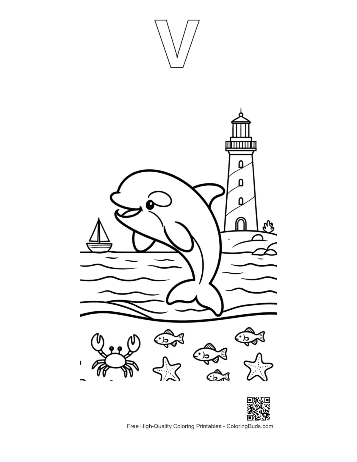 Orca leaping waves printable alphabet V outline