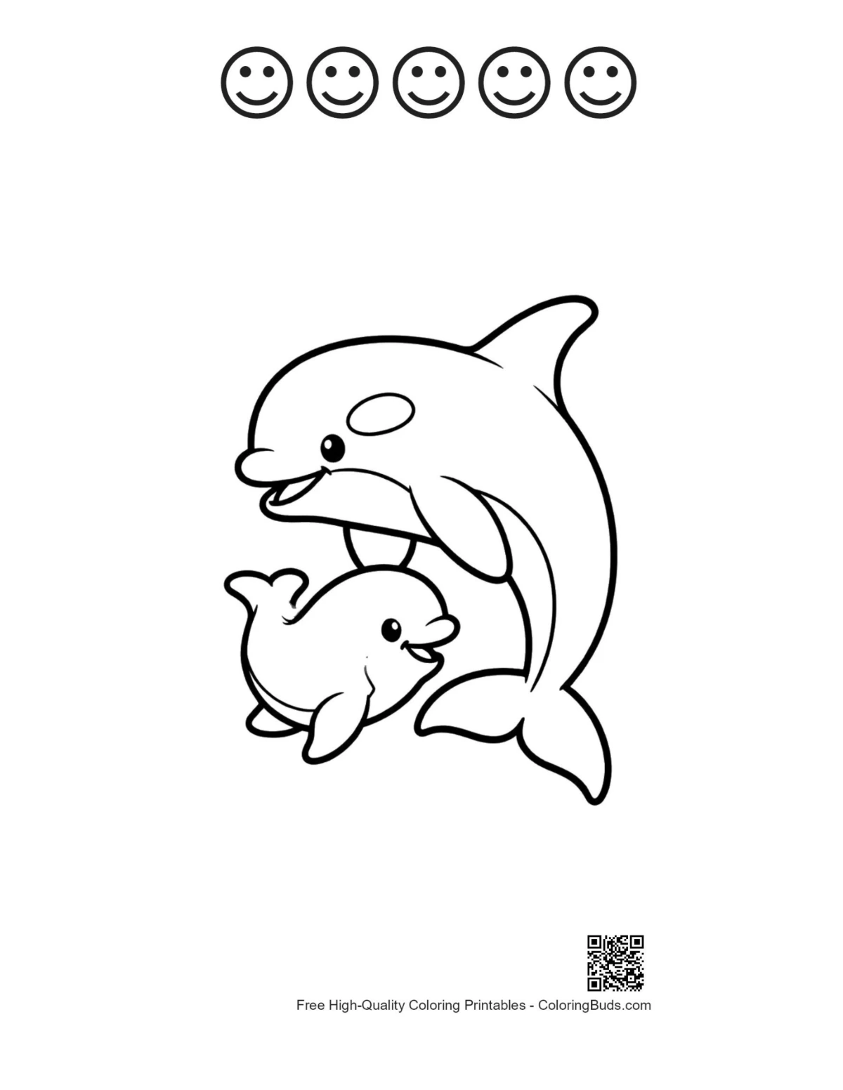 Orca leaping with 5 happy faces outline