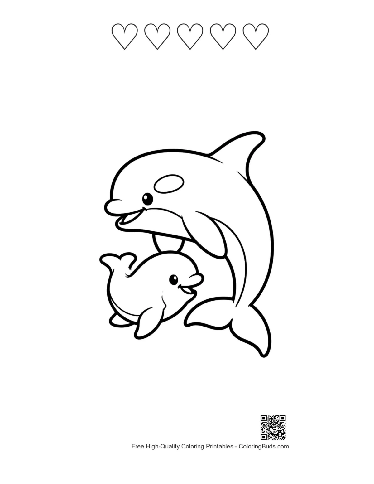 Orca printable featuring 5 heart outlines