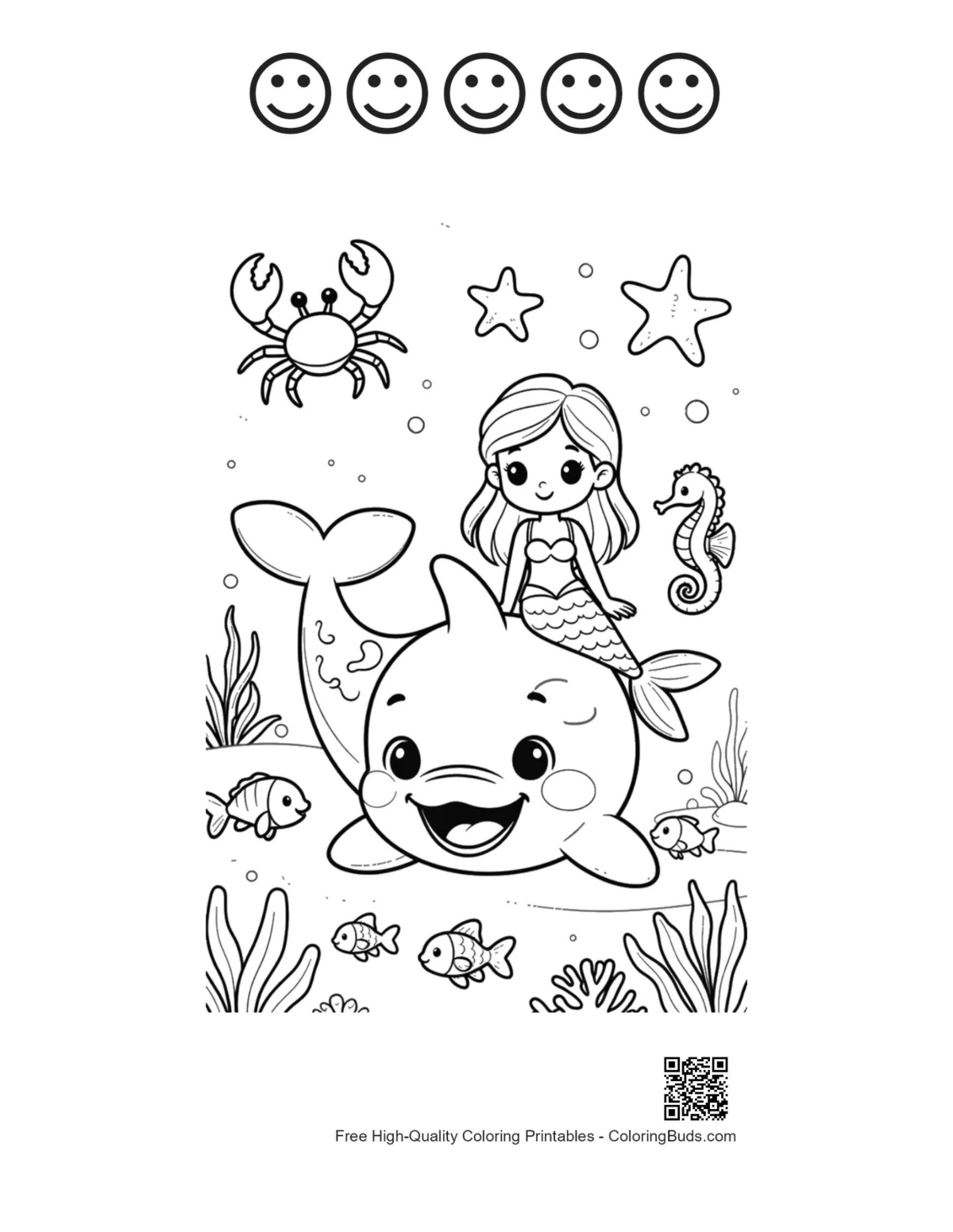 Orca coloring sheet with five happy face outlines