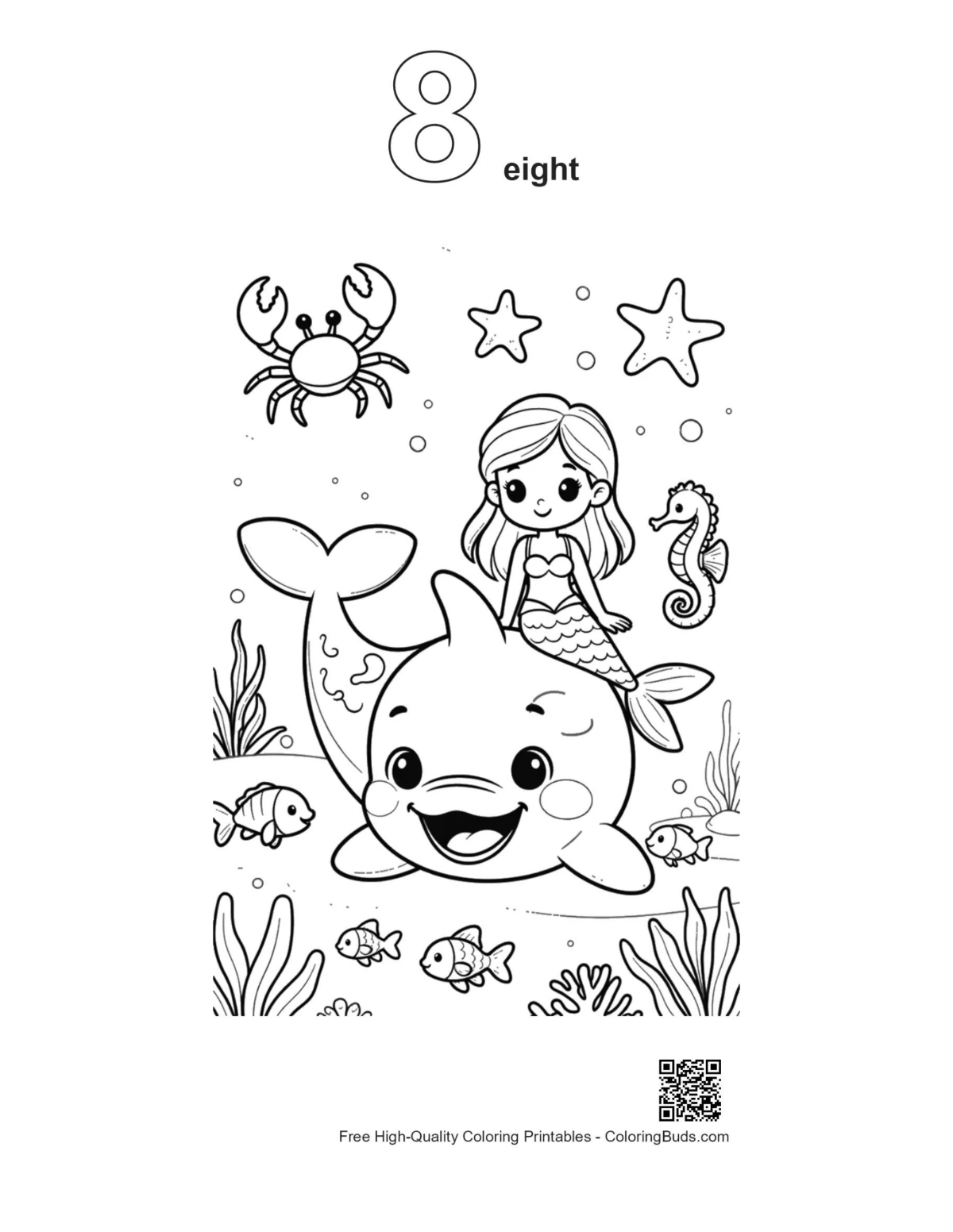 Orca coloring page outline shaped like number 8