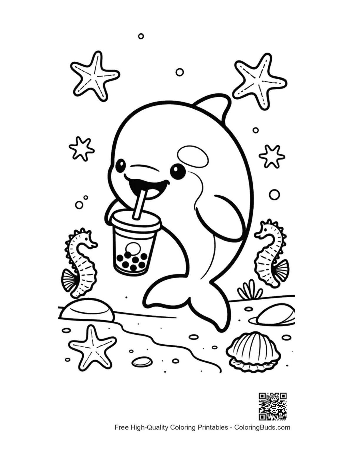 Orca whale drinking boba tea coloring printable