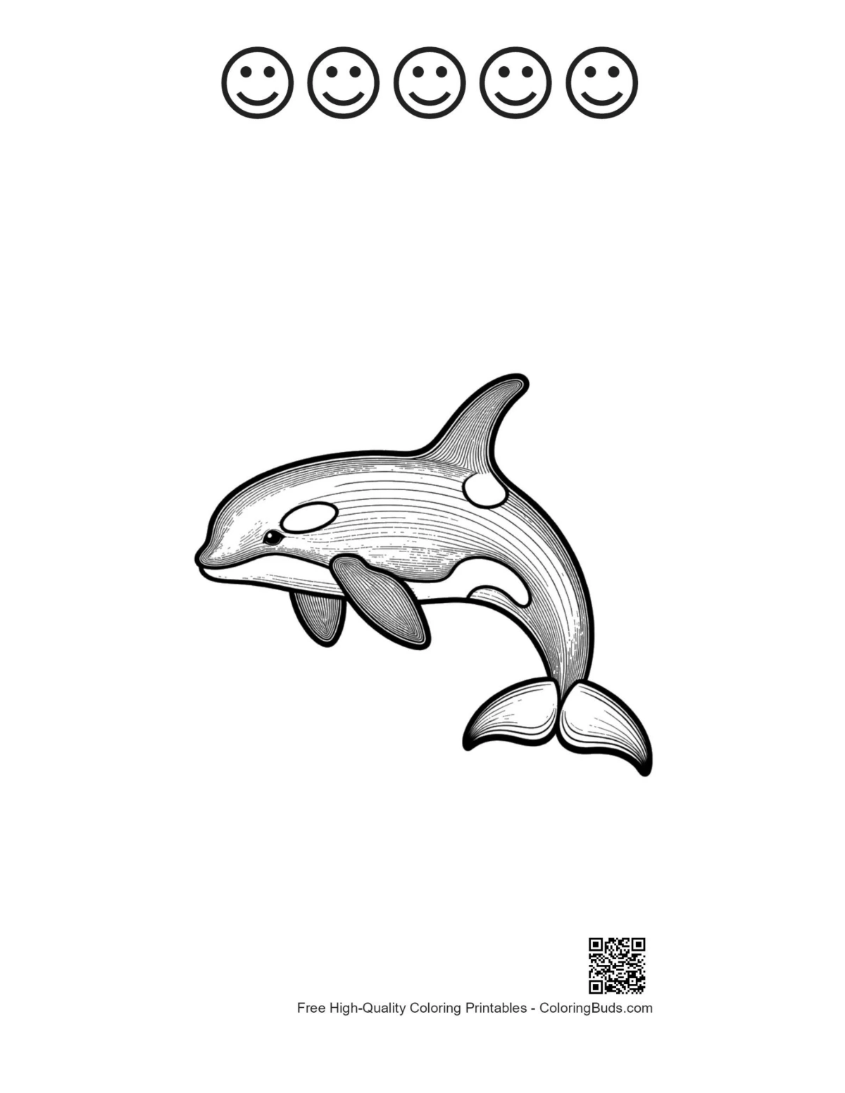 Playful orca with 5 happy face outlines printable