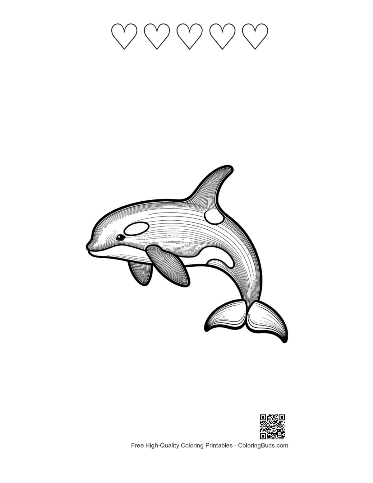 Playful orca with 5 heart outlines printable