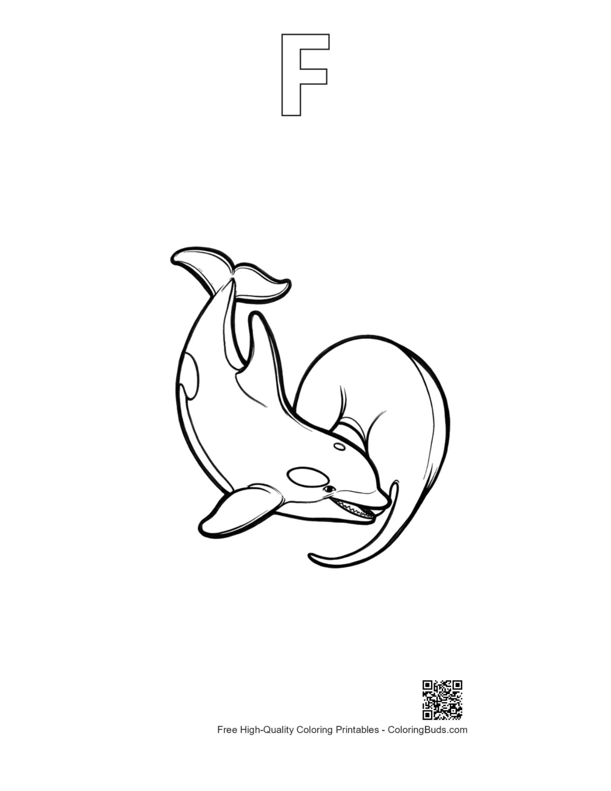 Playful orca whale outline with alphabet F
