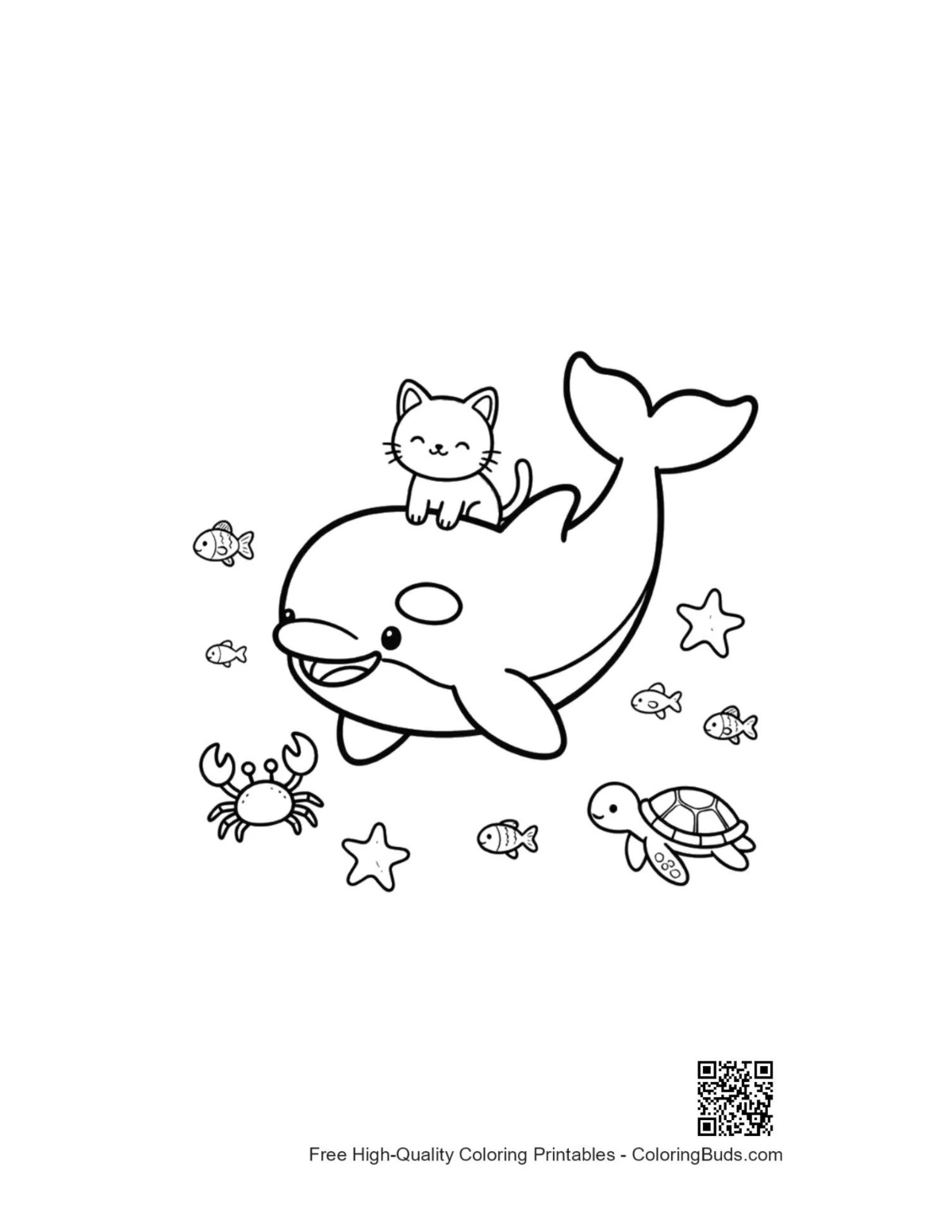 Playful orca whale with cat friend printable coloring page