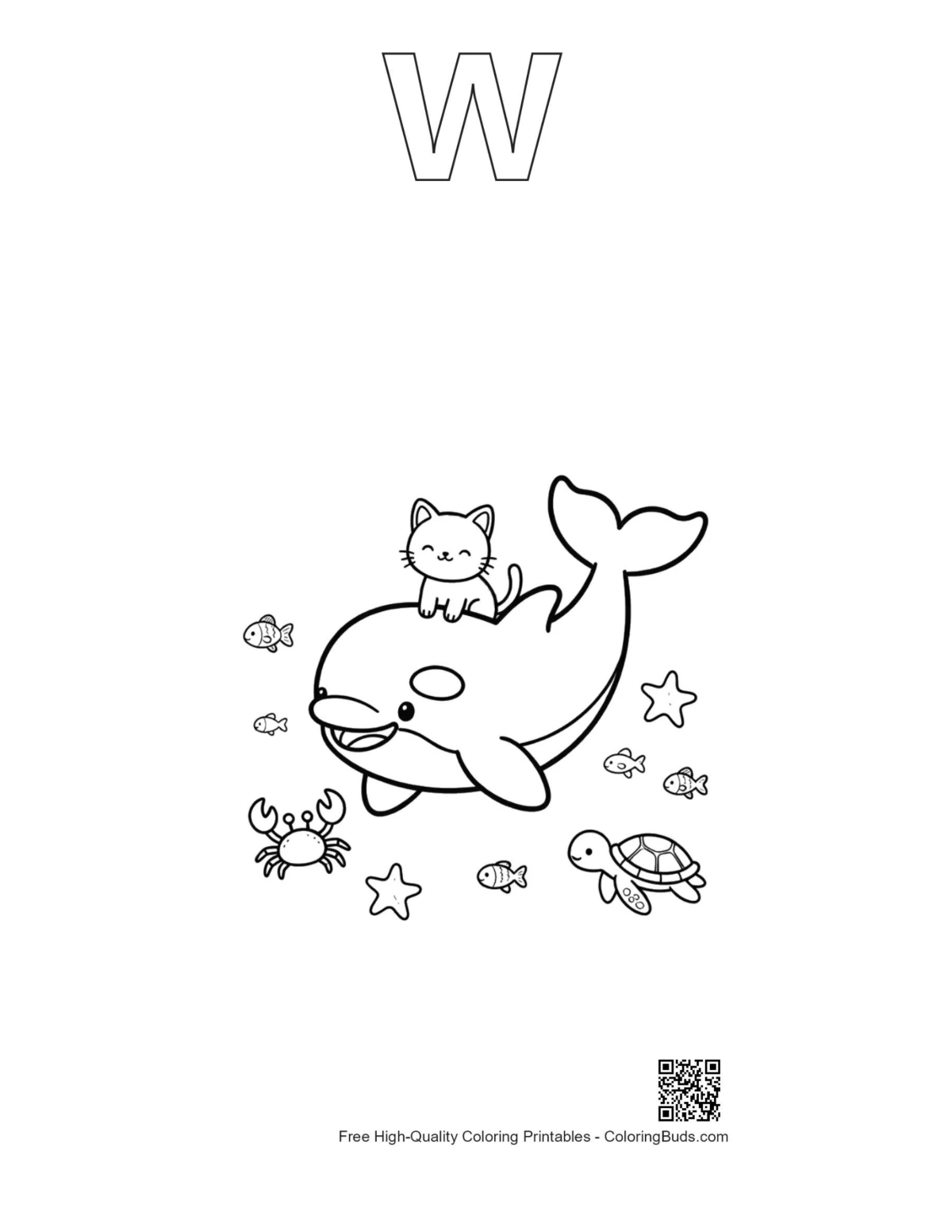 Orca whale cat printable outline with alphabet letter W