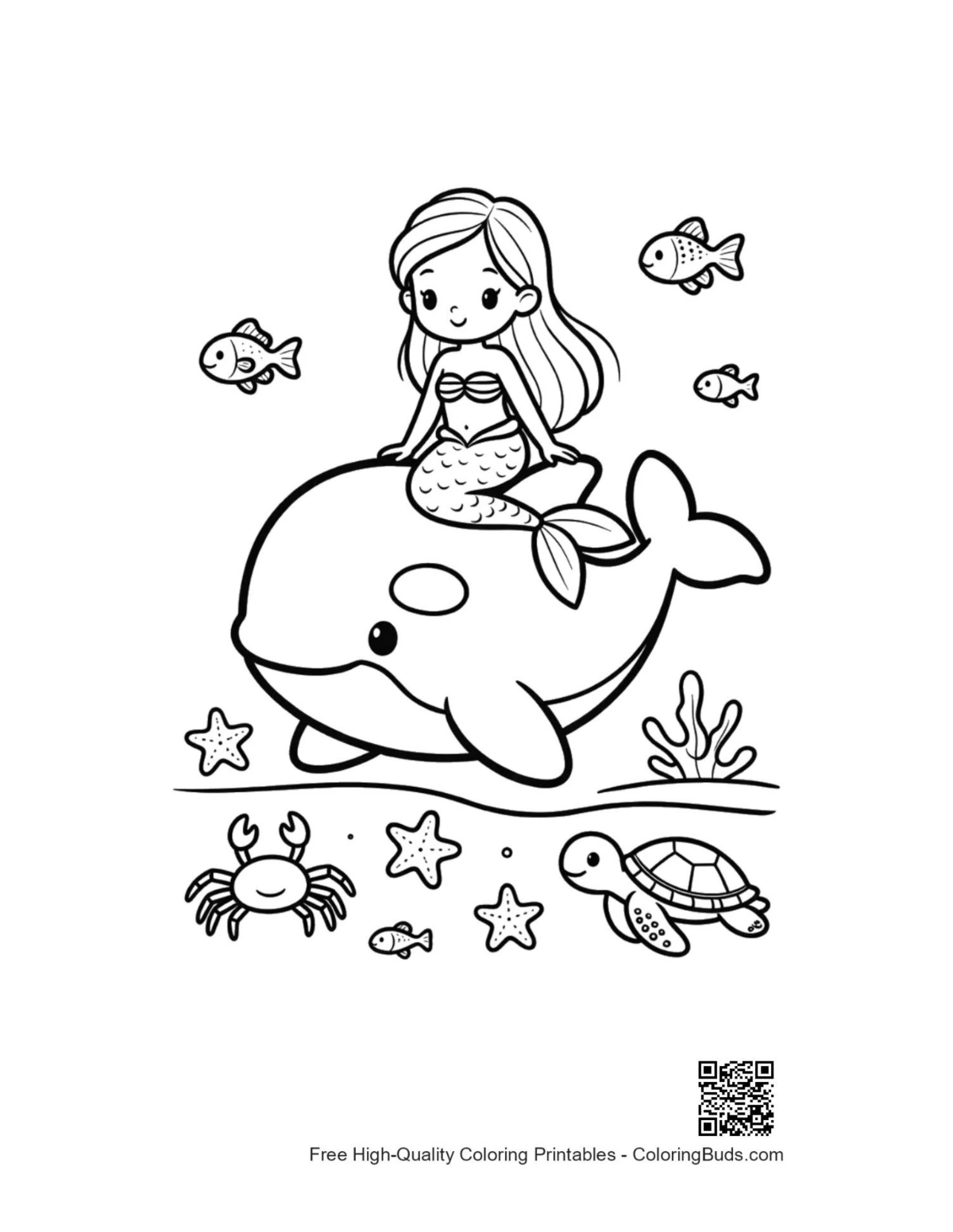 Pretty mermaid on orca back printable