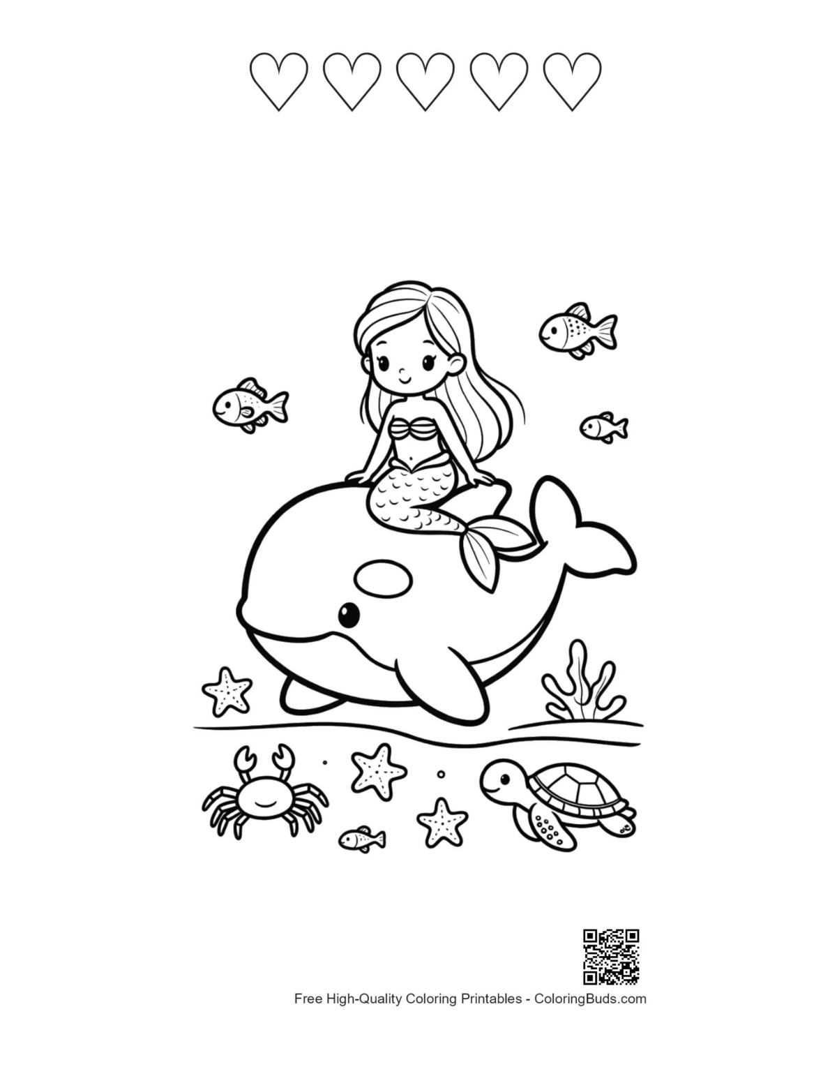 Mermaid on orca with 5 hearts printable