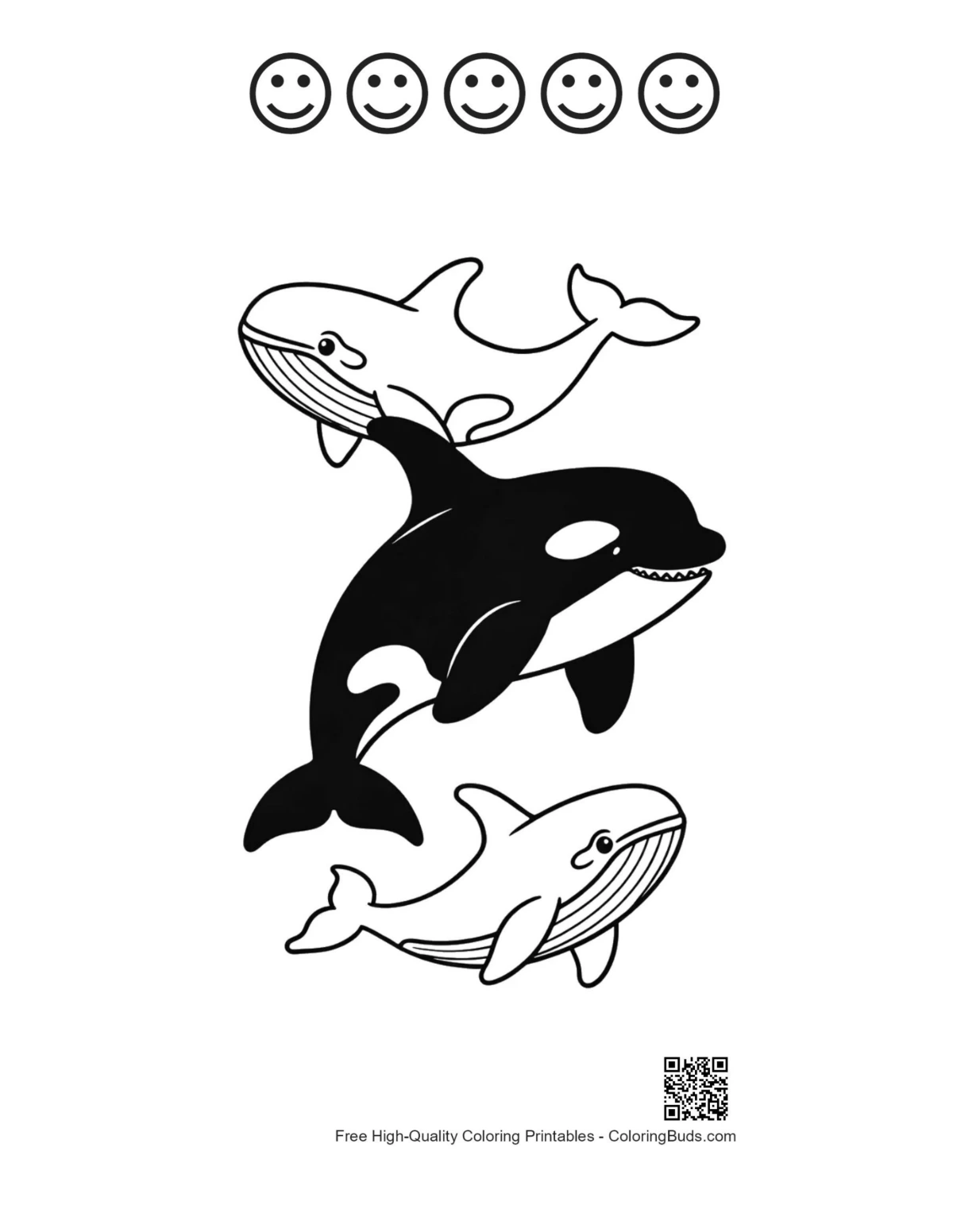 Orca whales outline with happy faces printable