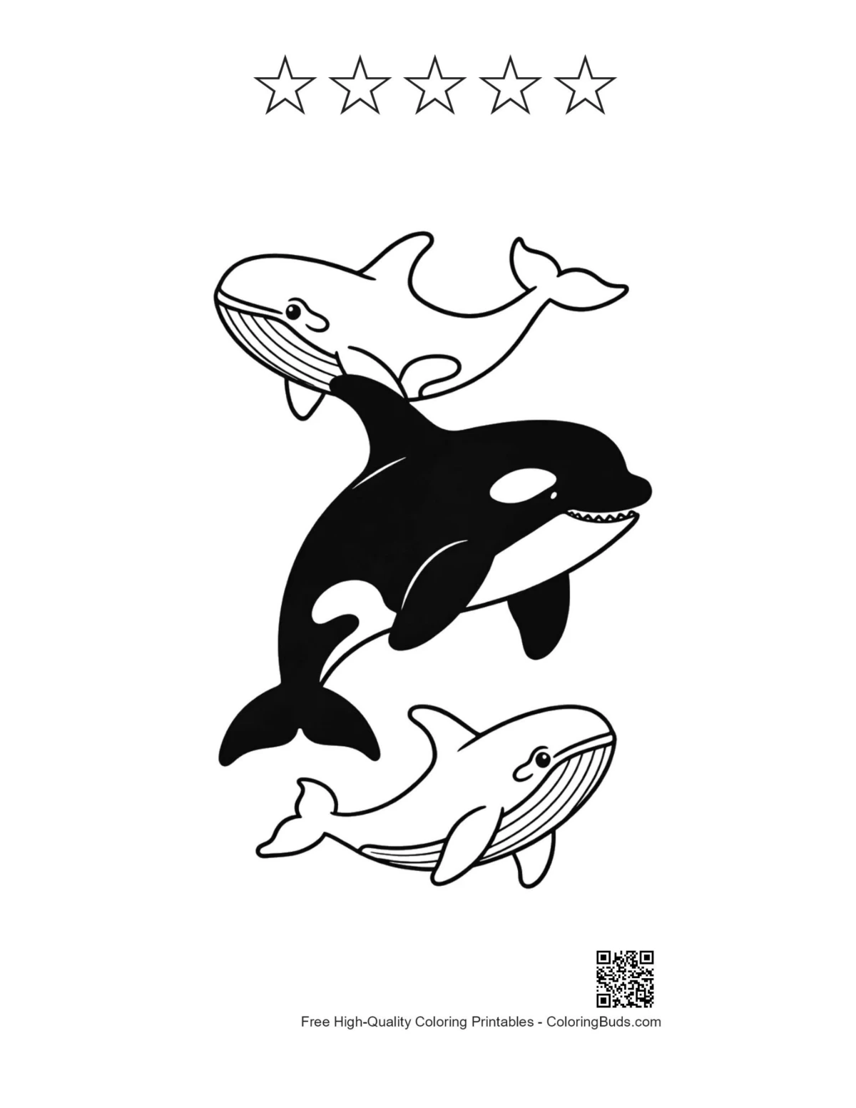 Stacked orcas whales printable with star outlines