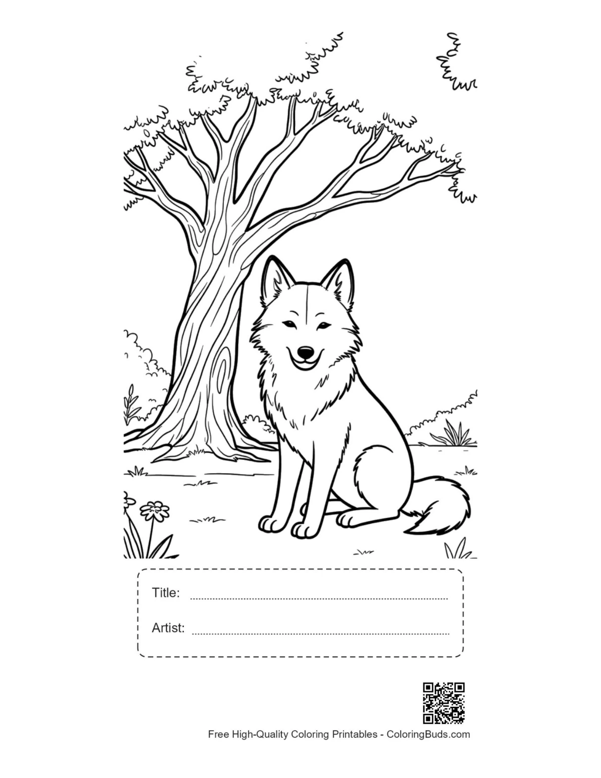 Alert gray wolf printable with title artist box