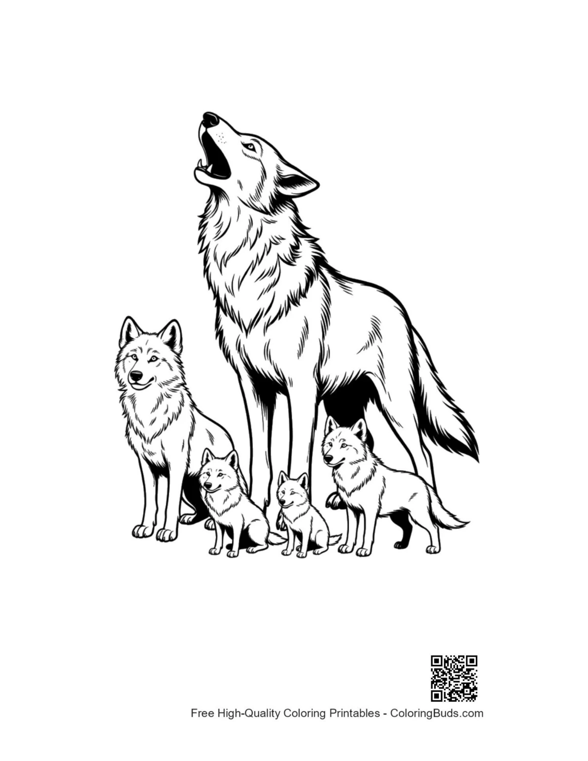 Alpha wolf howling with pups illustration