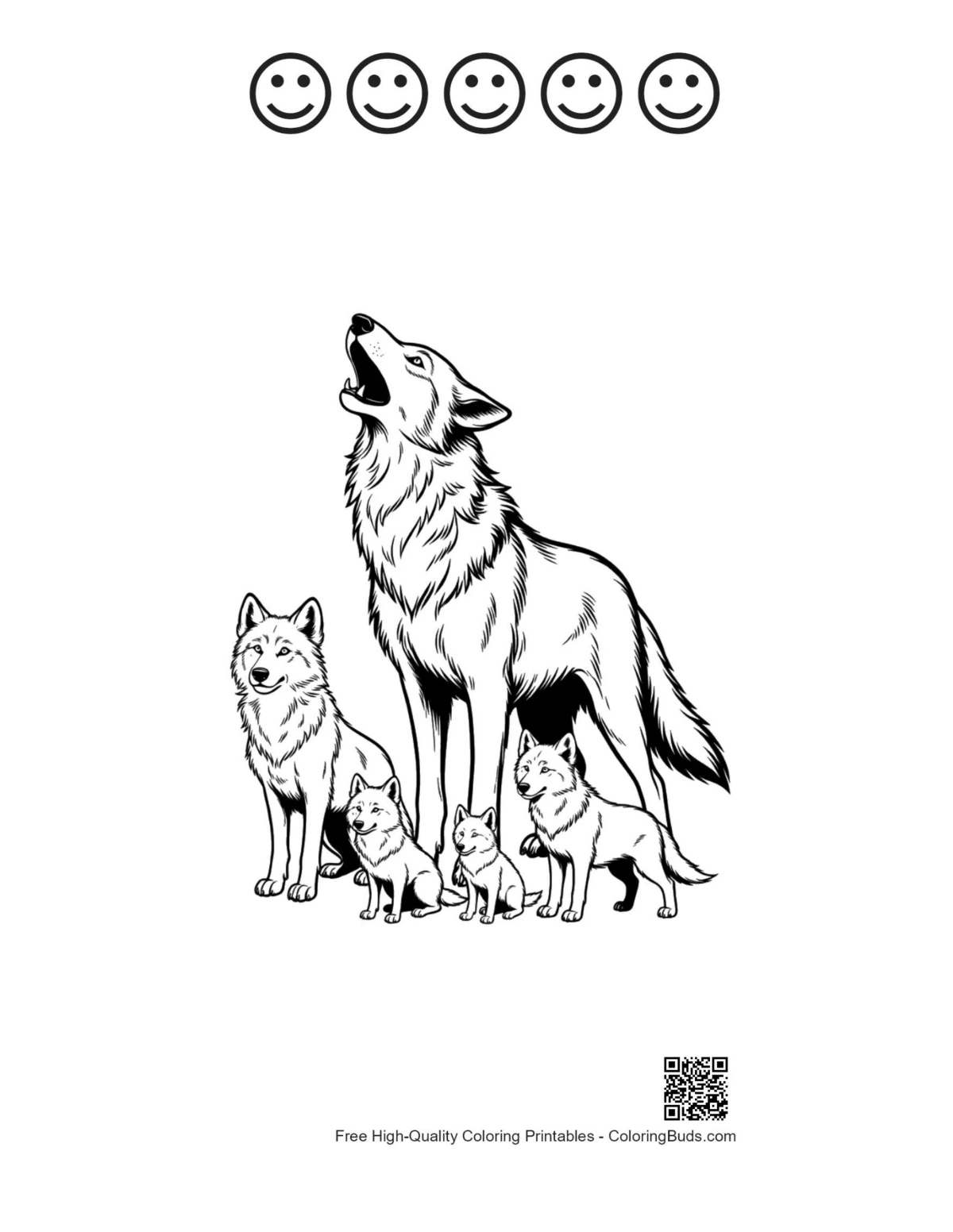 Printable alpha wolf with pups and happy faces