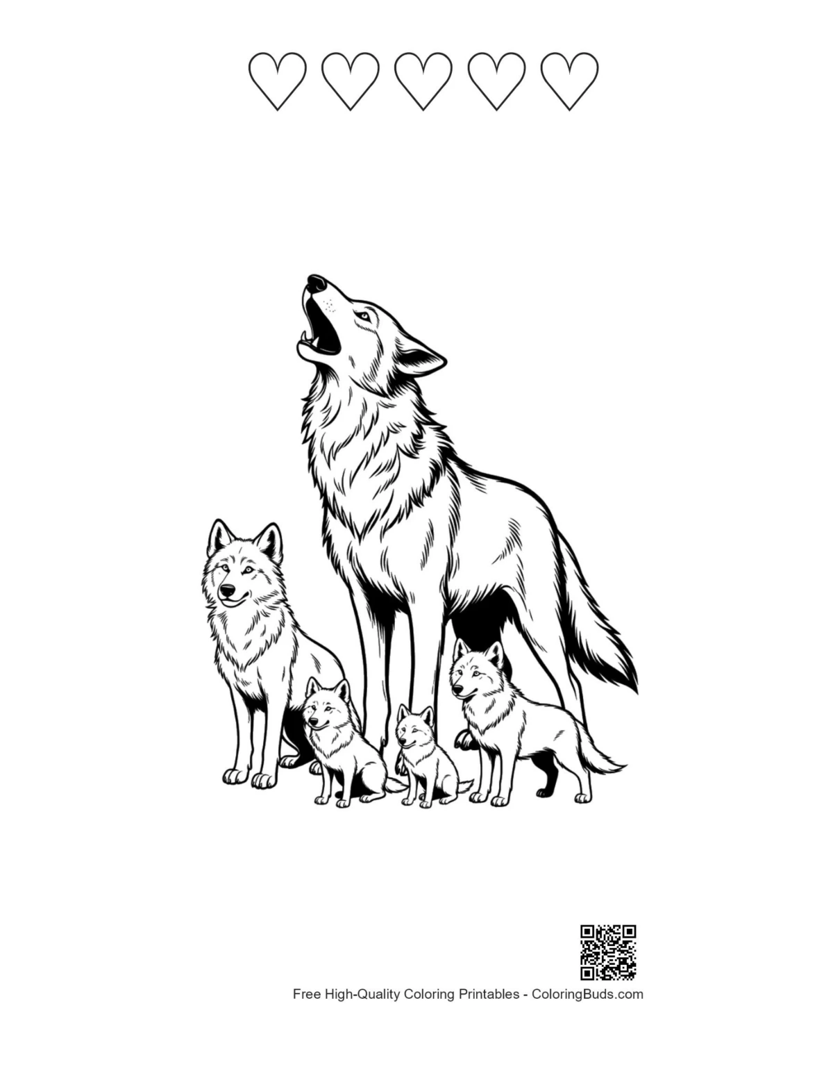 Alpha wolf howling pups with heart outlines