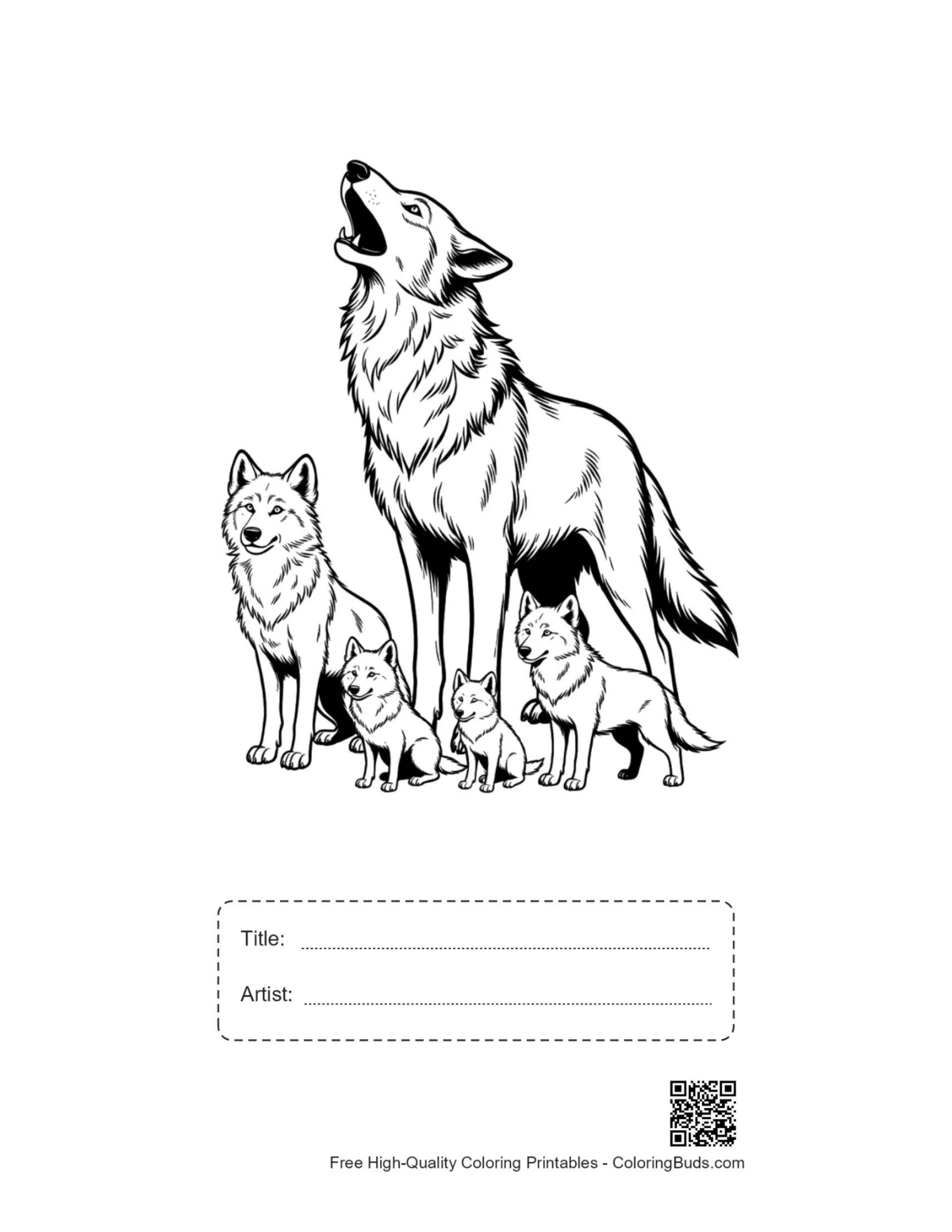 Printable alpha wolf howling with pups and title box