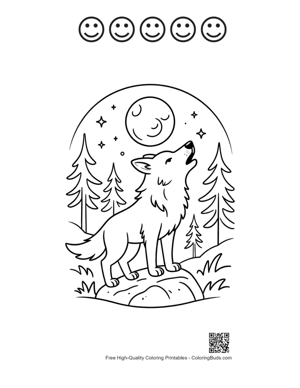 Cute gray wolf 5 happy faces outline coloring page