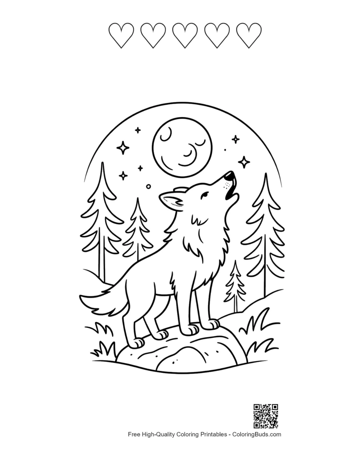 Cute gray wolf with 5 hearts outline kids printable