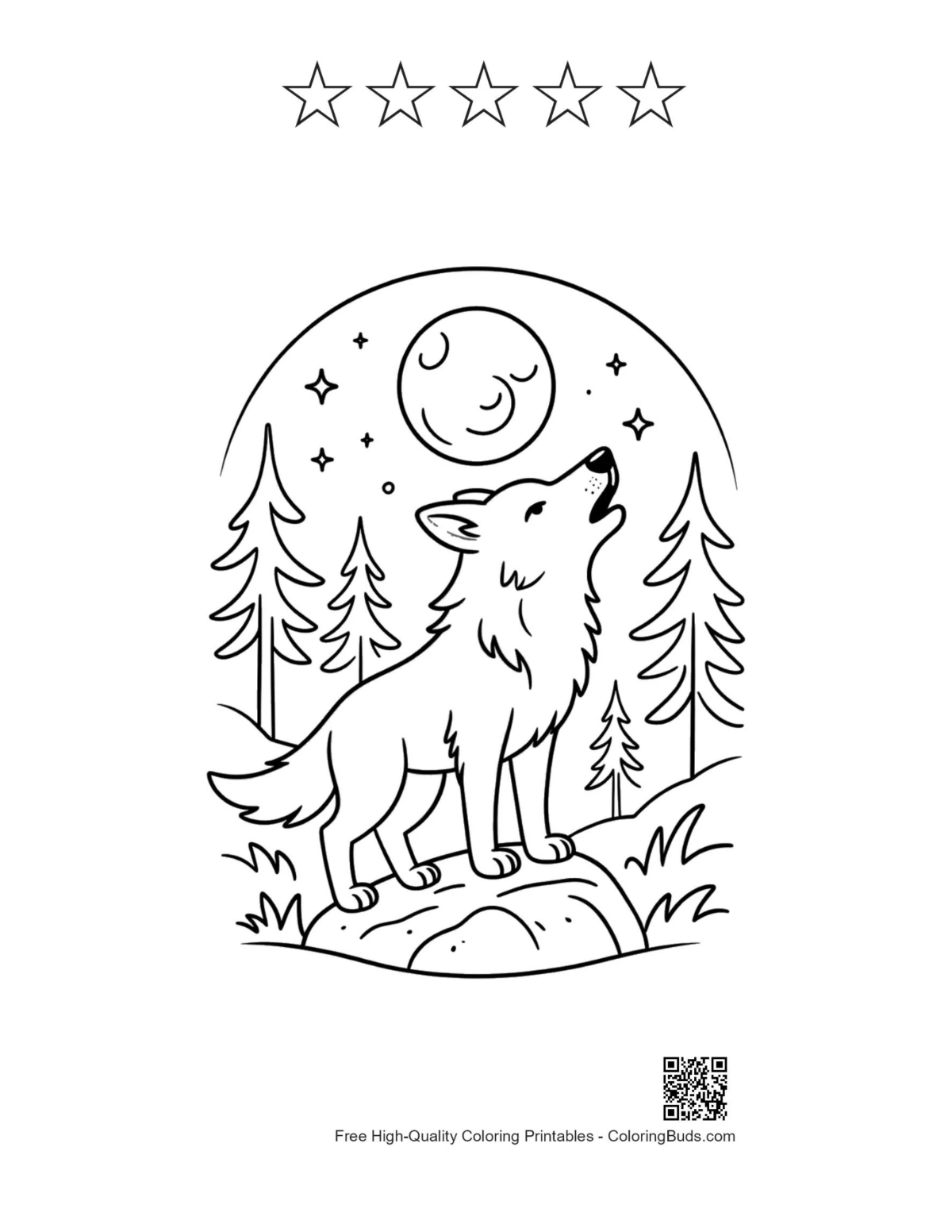 Cute gray wolf with 5 stars outline printable kids