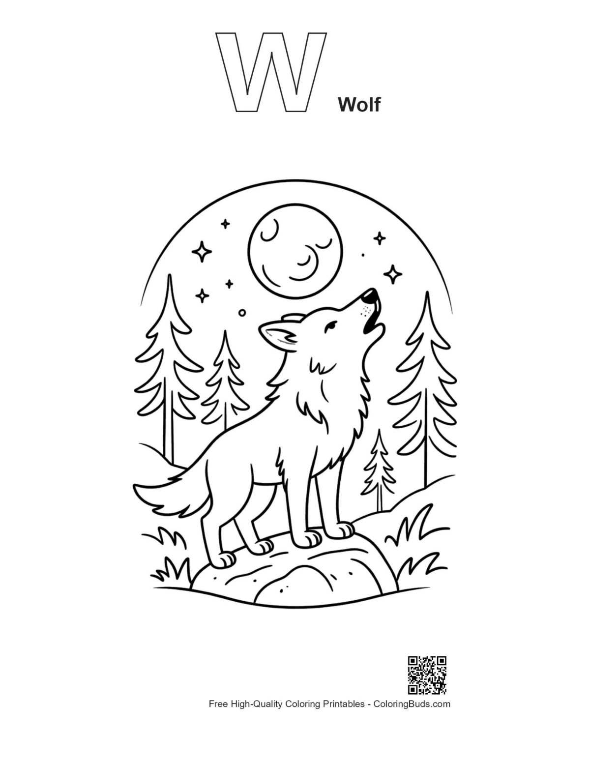 Gray wolf alphabet outline coloring printable for kids