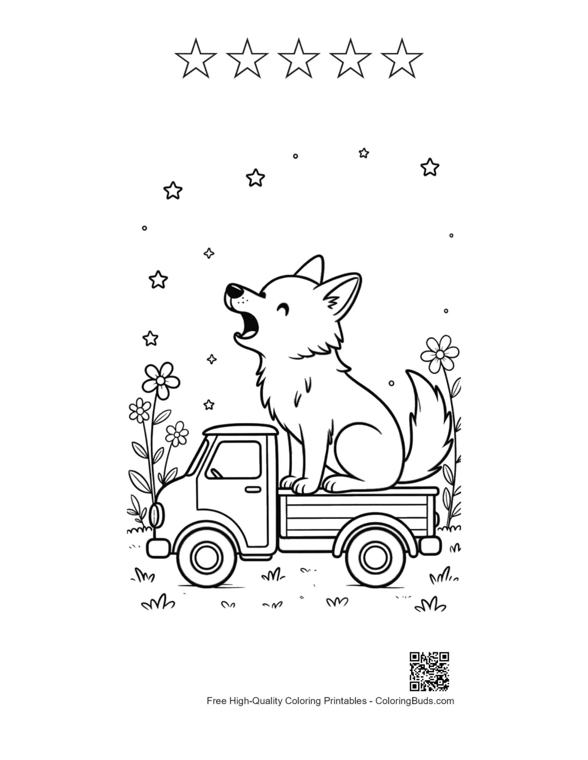 Cute wolf howling printable with 5 star outlines