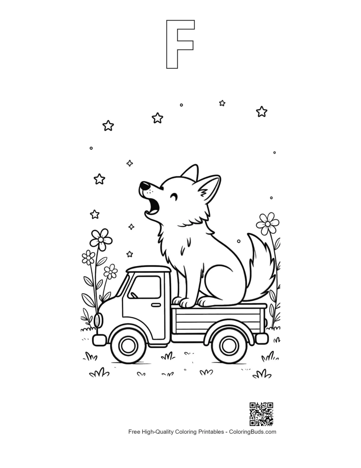 Howling wolf truck bed printable with alphabet F outline
