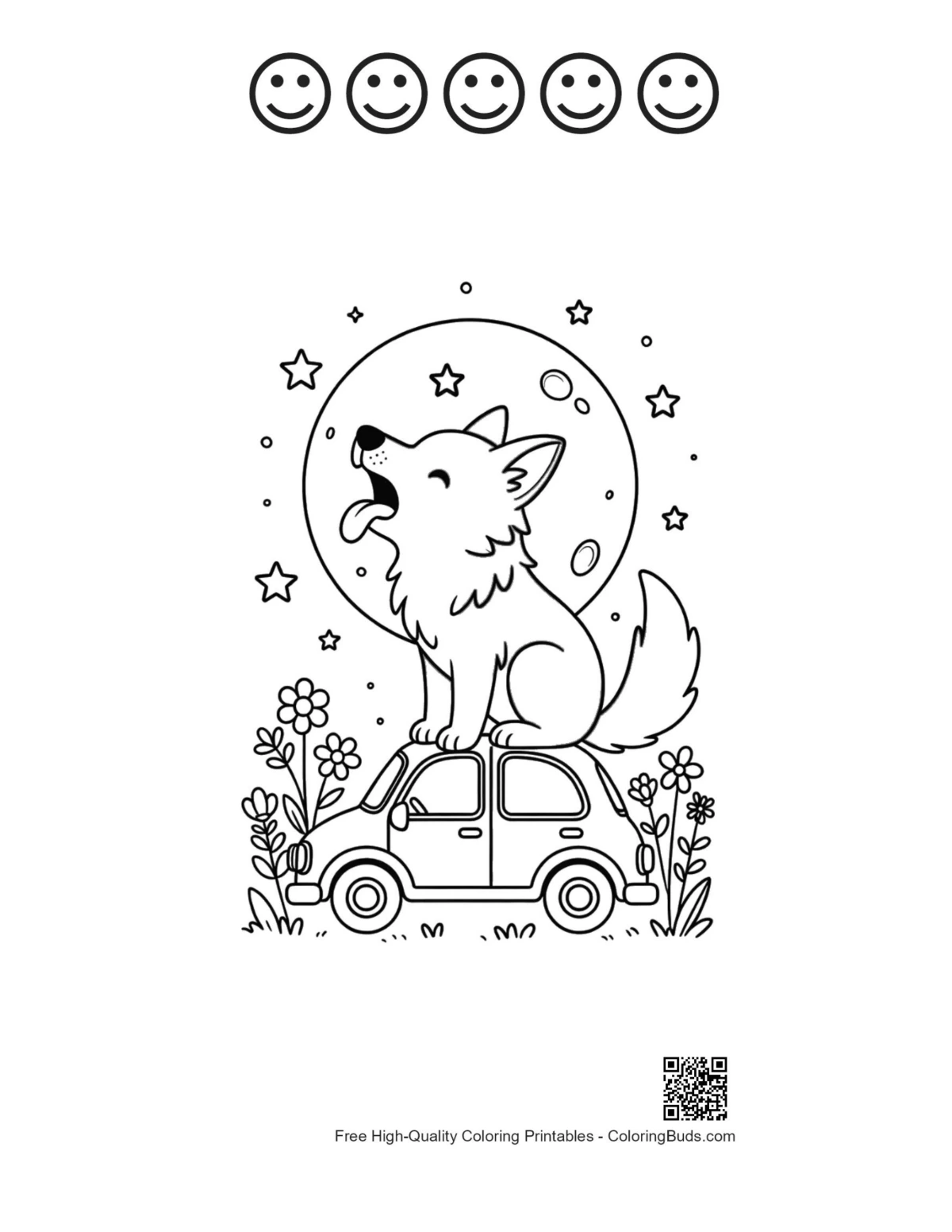 Howling wolf printable with 5 happy faces