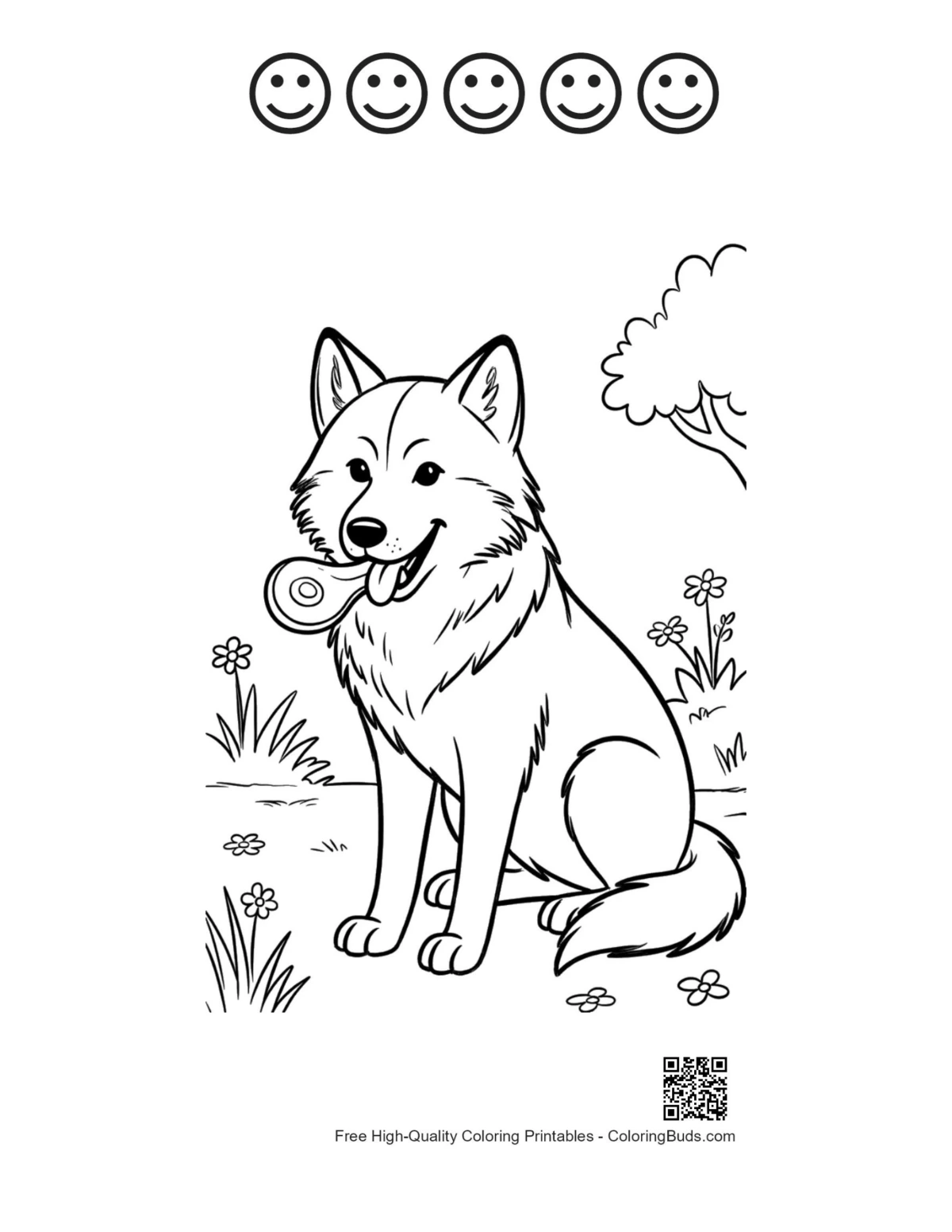 Gray wolf with happy faces coloring sheet
