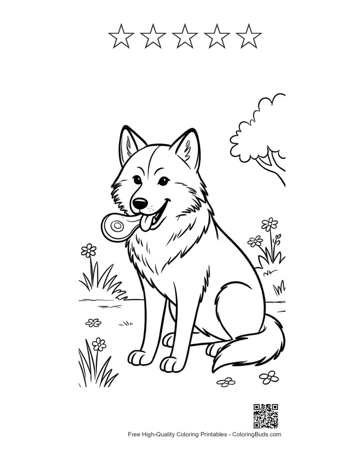 Gray wolf with 5 stars printable coloring page