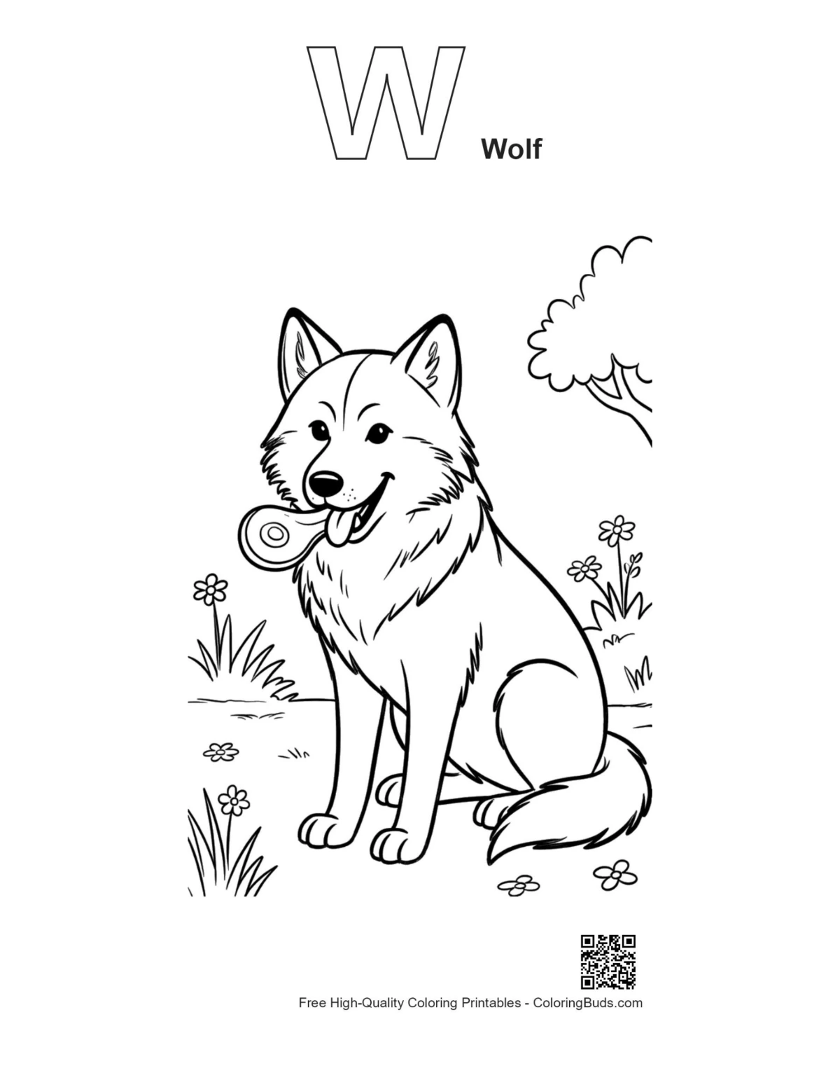 Gray wolf alphabet W coloring outline for kids