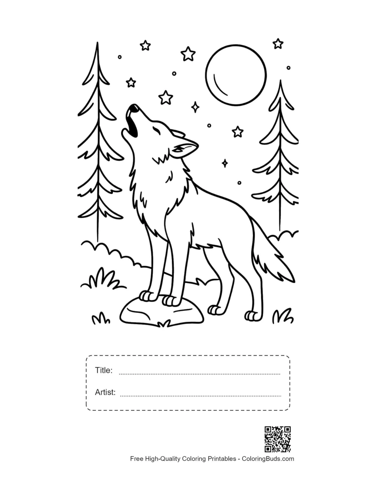 Gray wolf printable with title and artist box for kids